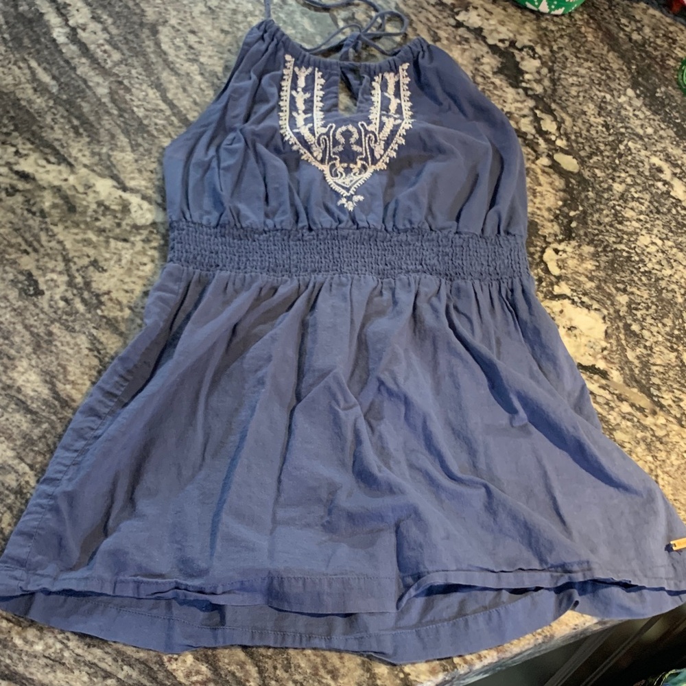 Roots Blue Halter Top with White Embroidery
